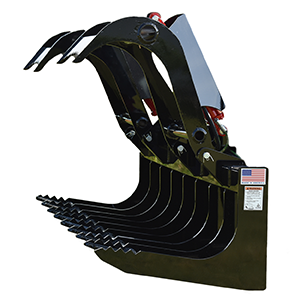 AG-GO 2G84E heavy duty brush grapple gripping large brush and debris during land clearing
