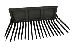 AG-GO RB60C33U 60 inch universal rock bucket with crooked spears mounted on a skid steer separating rocks and brush during cleanup operations.